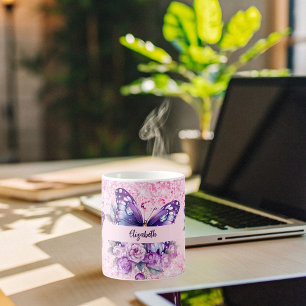 Caneca De Café Flores roxas borboletas cor-de-rosa