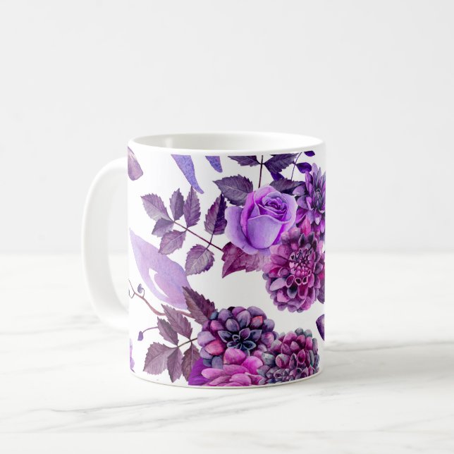 Caneca De Café Flores roxas de aquarela. Botânica floral violeta (Frente Esquerda)