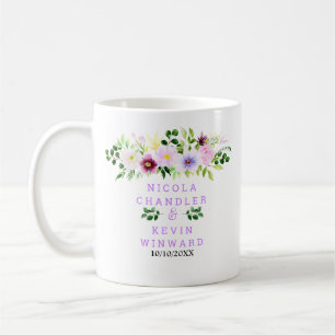 Caneca De Café Flores Roxas de Primavera com Folhagem Casamento