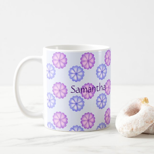 Caneca De Café Flores Roxas E Azuis (Com Donut)