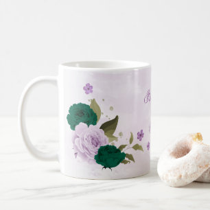 Caneca De Café flores roxas esmeralda verde