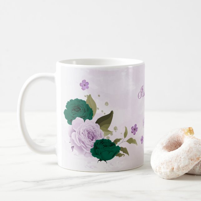 Caneca De Café flores roxas esmeralda verde  (Com Donut)