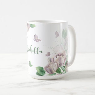Caneca De Café flores roxas folhagens borboletas