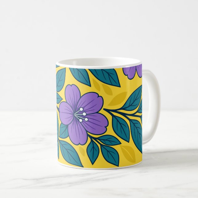 Caneca De Café Flores Roxas & Folhas Azul-turquesa em Fundo Amare (Frente Esquerda)