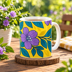 Caneca De Café Flores Roxas & Folhas Azul-turquesa em Fundo Amare