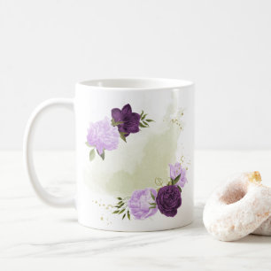 Caneca De Café flores roxas folhas verdes