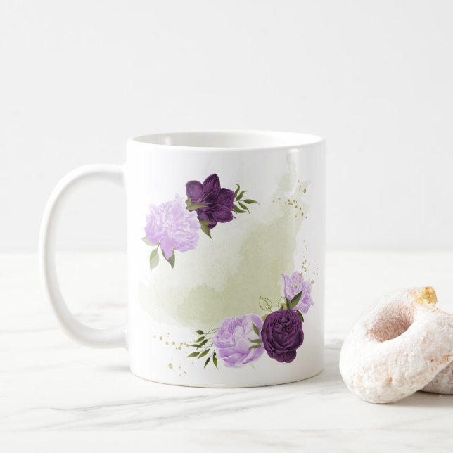 Caneca De Café flores roxas folhas verdes  (Com Donut)