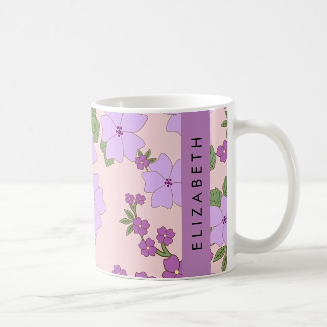 Caneca De Café Flores Roxas, Padrão De Flores, Seu Nome (Direita)