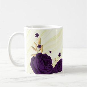 Caneca De Café flores roxas reais folhas douradas mármore
