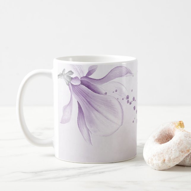 Caneca De Café flores roxas românticas botânico (Com Donut)