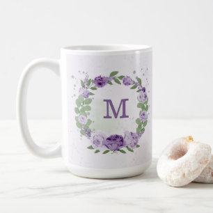 Caneca De Café flores roxas românticas folhagem