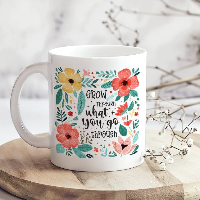 Caneca De Café Flores Selvagens Boho Pastel Autoatendimento Inspi (Boho Pastel Wildflowers Inspirational Self-Care Coffee Mug on a boho kitchen table.)