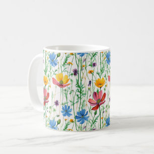 Caneca De Café Flores selvagens coloridas e Grama Verde