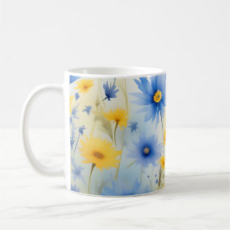 Caneca De Café Flores Selvagens De Cores Aquáticas No Azul De Cor
