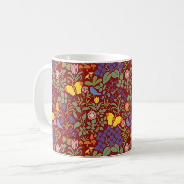 Caneca De Café Flores Selvagens de Voysey, Mug de Café Vermelho (Frente Esquerda)