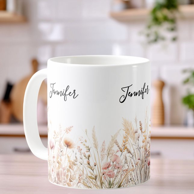 Caneca De Café Flores selvagens nome rosa bege (Criador carregado)