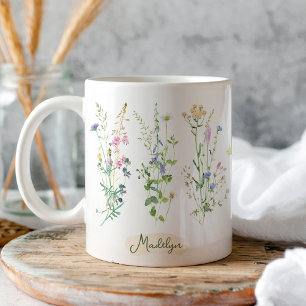 Caneca De Café Flores Selvagens Personalizadas Aquarela Floral
