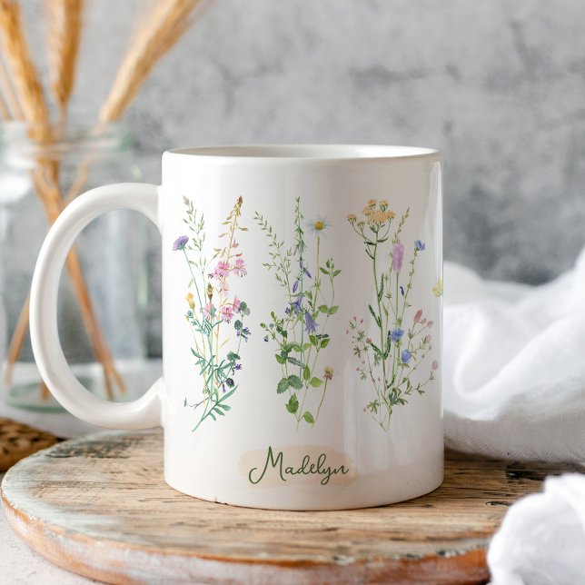 Caneca De Café Flores Selvagens Personalizadas Aquarela Floral (Criador carregado)