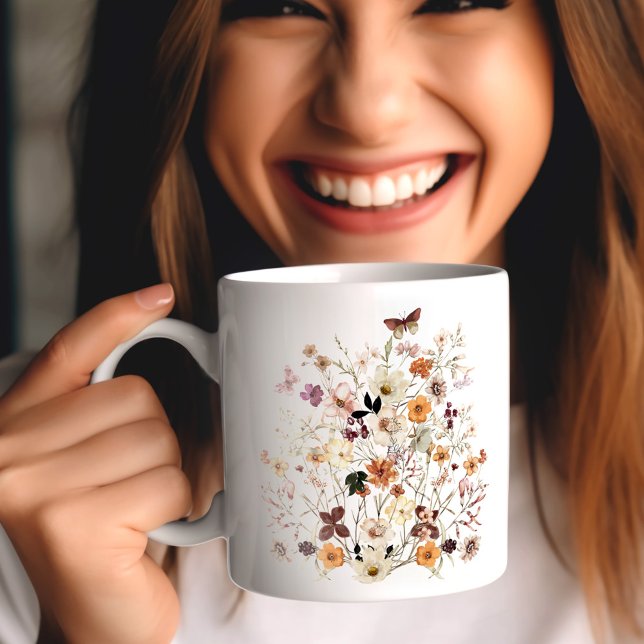 Caneca De Café Flores Selvagens Presas Fábrica Floral Botânica (Pressed Wildflowers Botanical Floral Farmhouse Coffee Mug)