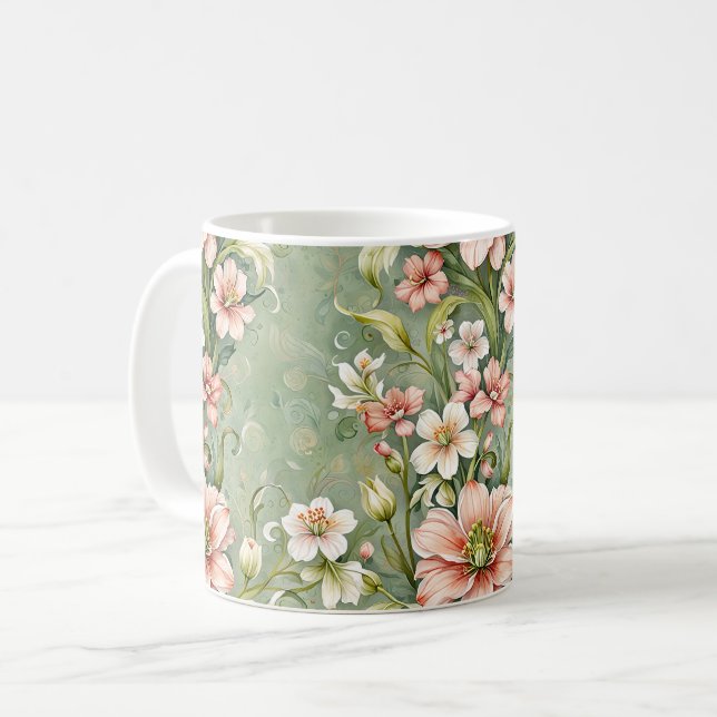 Caneca De Café Flores Serenas Rosa e Brancas sobre Sage (Frente Esquerda)
