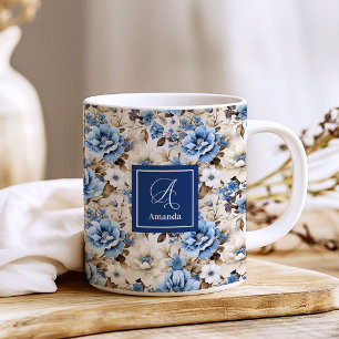 Caneca De Café Flores Sofisticadas Azul Marinho Personalizadas