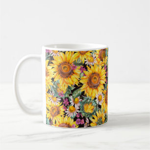 Caneca De Café Flores solares de aquarelas e vindimas de verão, 