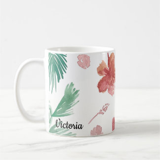 Caneca De Café Flores Tropicais à Mão em Aquarela Nome da Mãe