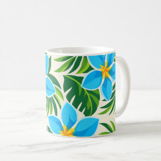 Caneca De Café Flores Tropicais Azuis e Padrão de Folhagem Verde