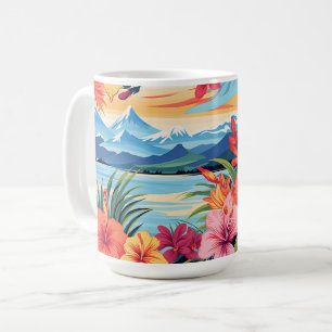 Caneca De Café Flores Tropicais Coloridas e Paisagem