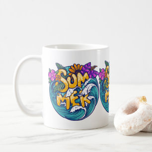 Caneca De Café Flores Tropicais de Verão Ondas da Praia do Oceano