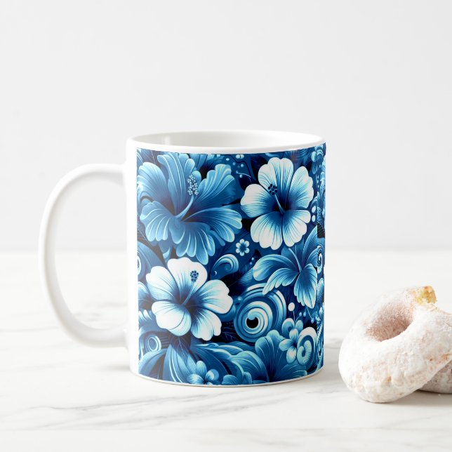 Caneca De Café Flores tropicais havaianas Hibiscus Padrão Azul (Com Donut)