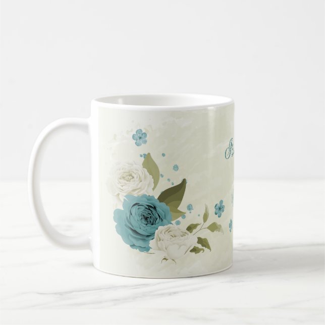 Caneca De Café flores verde azul branco  (Esquerda)