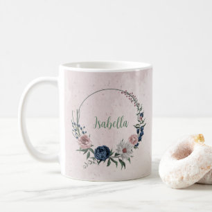 Caneca De Café Flores verde folhagem rosa branco marinho romântic