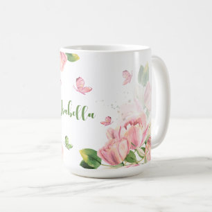 Caneca De Café flores verde rosa quente borboletas