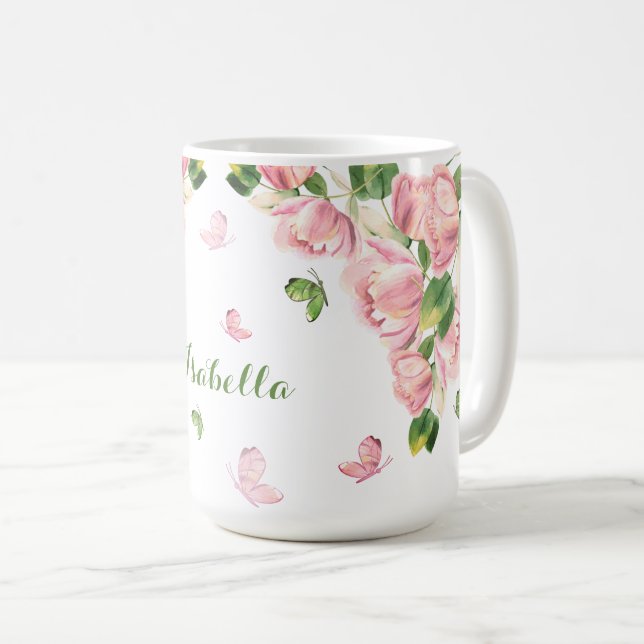 Caneca De Café flores verde rosa quente borboletas (Frente Esquerda)