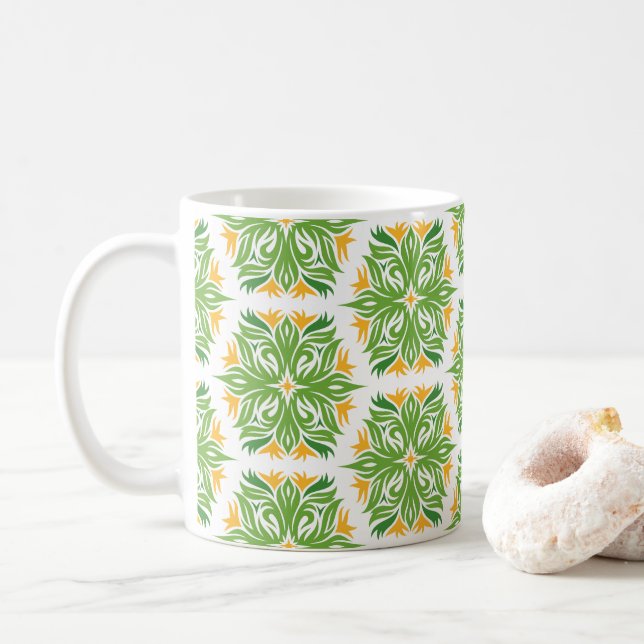 Caneca De Café Flores Verdes, Padrão De Flores, Padrão Floral (Com Donut)