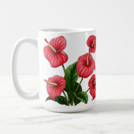 Caneca De Café Flores Vermelhas de Anturio com Folhas Verdes