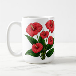 Caneca De Café Flores Vermelhas de Anturio com Folhas Verdes