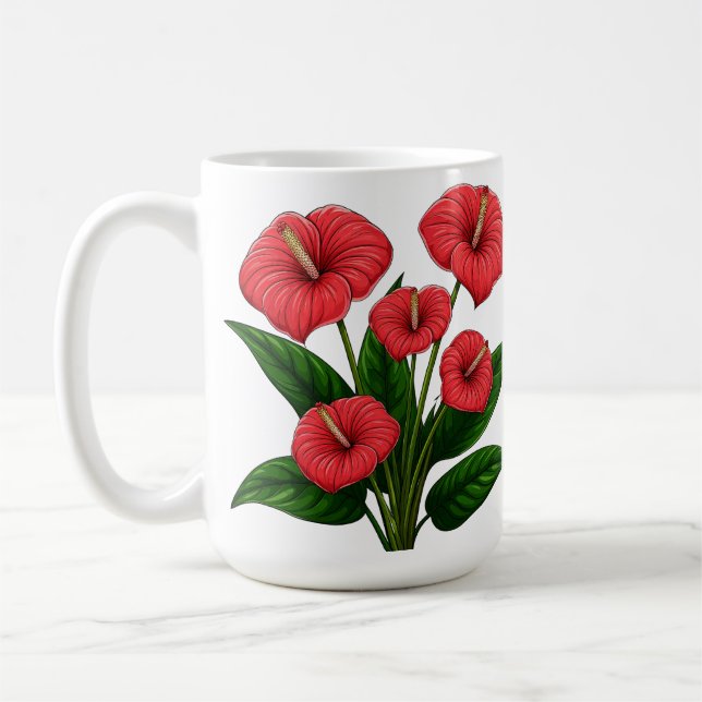 Caneca De Café Flores Vermelhas de Anturio com Folhas Verdes (Esquerda)