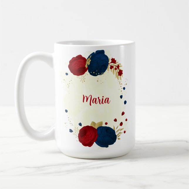 Caneca De Café flores vermelhas e azuis-marinho folhas de ouro ca (Esquerda)