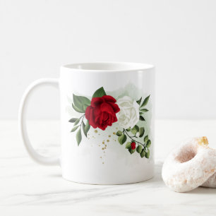 Caneca De Café Flores vermelhas e brancas folhagem botânica