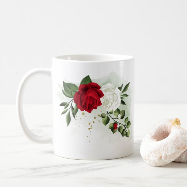 Caneca De Café Flores vermelhas e brancas folhagem botânica (Com Donut)