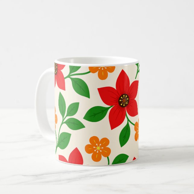 Caneca De Café Flores Vermelhas e Laranjas com Folhas Verdes (Frente Esquerda)