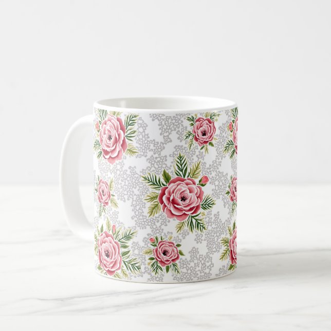 Caneca De Café Flores Vermelhas no Fundo Lacy (Frente Esquerda)