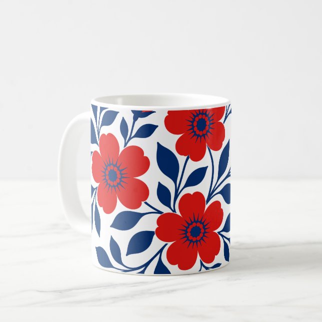 Caneca De Café Flores Vermelhas Ousadas e Folhas Azuis Marinho (Frente Esquerda)