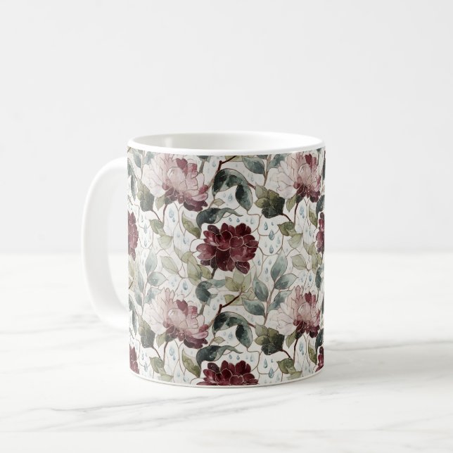 Caneca De Café Flores Vermelhas Rosadas Gotículas de Chuva (Frente Esquerda)