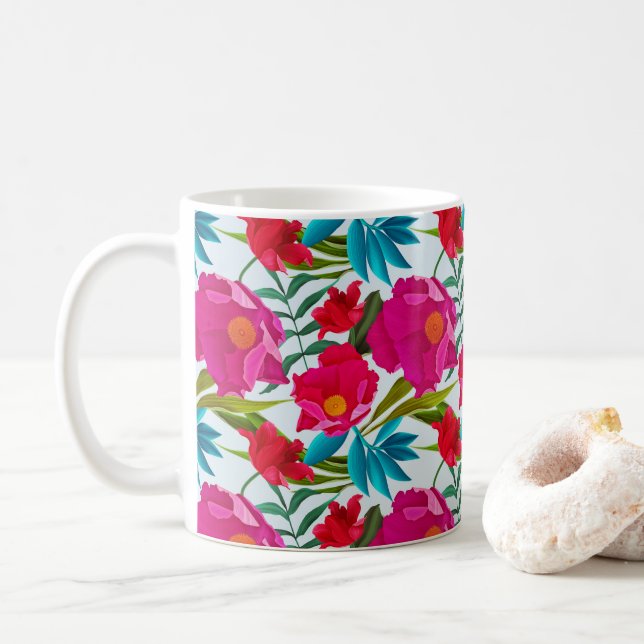 Caneca De Café Flores Vermelhos E Rosa Tropicais Elegantes (Com Donut)