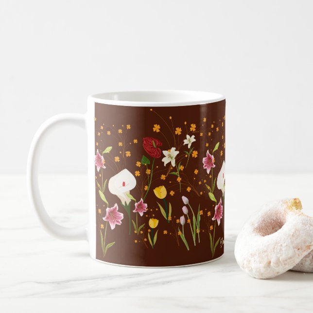 Caneca De Café Flores Vibrantes (Com Donut)
