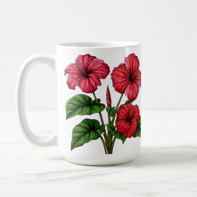 Caneca De Café Flores Vibrantes de Hibisco Vermelho com Folhas Ve (Esquerda)