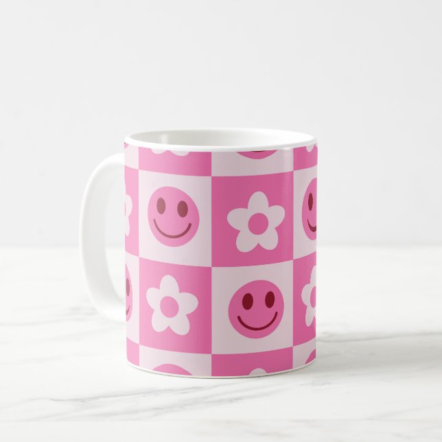 Caneca De Café Flores Xadrez e Rostos Felizes Rosa  (Frente Esquerda)
